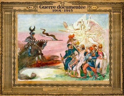 紛争の寓意：勝利に導かれたフランス軍は、馬に乗った死によって具現化されたドイツの攻撃に行きます 作： Adolphe Leon Willette