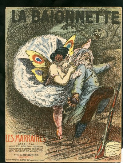 カラーで描かれた風刺的な「La Baionnette」の表紙 作： Adolphe Leon Willette