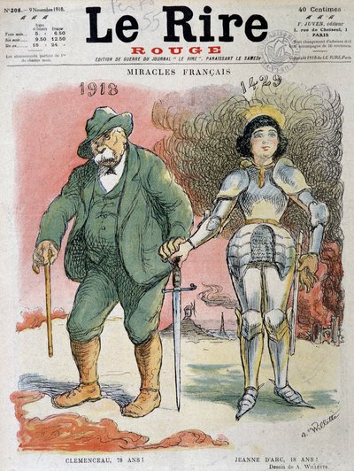 第一次世界大戦（1914-1918）。フランスの奇跡、ジョルジュ・クレマンソー（1841-1929）は1918年、勝利の父は78歳、ジャンヌ・ダルク（1412-1431）は1429年、オルレアンの乙女は18歳だった-アドルフ・ウィレット（1857-1926）がC.I.のために描いた絵。 作： Adolphe Leon Willette
