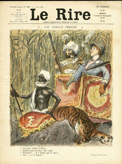 Adolphe dit Willette (1857-1926) による『The Laughter』誌の表紙のためのイラスト, 08/05/09 - 獰猛な動物 - 反フェミニズム, 趣味, 狩猟ハンター, インド, イギリス領インド, 動物 - 象, 女性, 虎 作： Adolphe Leon Willette