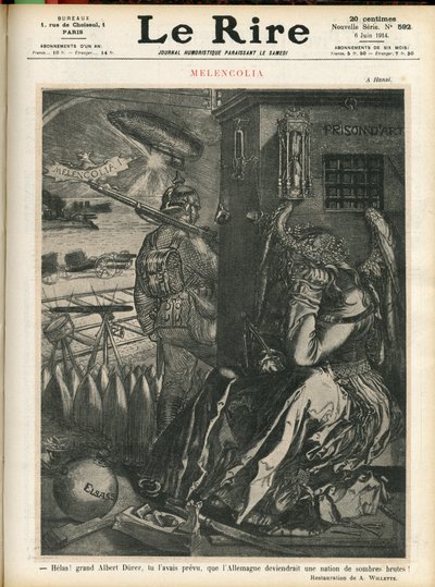 Le Lire』表紙のAdolphe dit Willette (1857-1926)のイラスト、06/06/14 - 「ヘラス、偉大なるアルバート・デューラーよ、あなたはドイツが暗い黒髪の国になると予言していたではないか！」。"メランコリア - 戦争、ドイツ プロイセン - デュレル 作： Adolphe Leon Willette