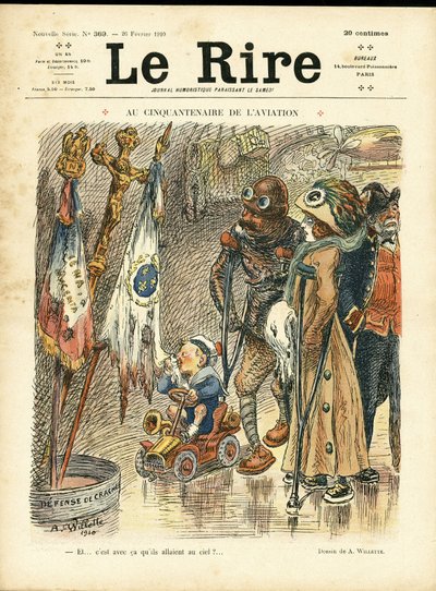 2010年2月26日付「Le Rire」誌の表紙に掲載されたAdolphe dit Willette（1857-1926）のイラスト - 航空50周年記念にて - 航空、ファッション、帽子、事故、災害 作： Adolphe Leon Willette
