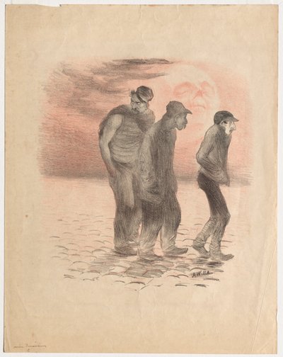 パリの風景と殺人者たち（黒と赤で刷られたリトグラフ） 作： Adolphe Leon Willette