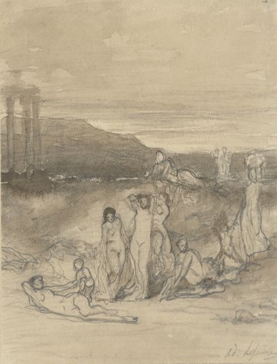 リクライニング、立位、座位の裸体像と寺院の遺跡がある古典的な風景 作： Adolphe René Lefèvre