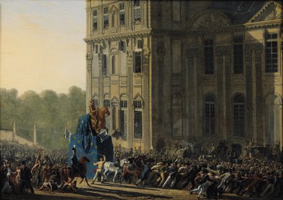 1818年にルーヴル美術館のフローラパビリオンの前でアンリ4世の像を輸送（1553-1610） 作： Adolphe Roehn