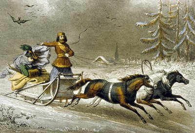 雪の中のそり、ロシア（カラー彫刻） 作： Adolphe Rouargue