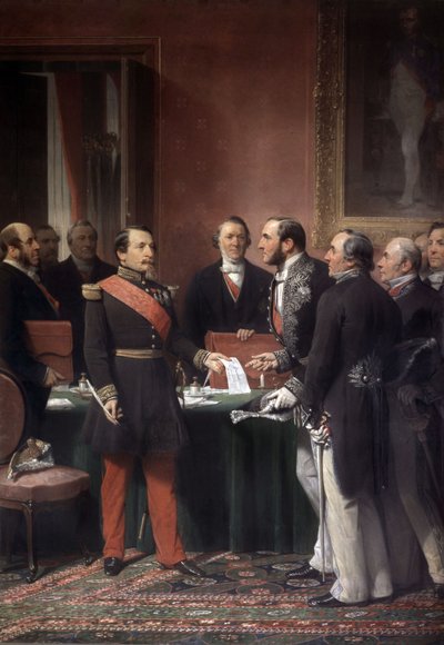 1859年6月、フランス皇帝ナポレオン3世がオスマン男爵にパリ郊外の町の併合に関する令状を与えた。 作： Adolphe Yvon
