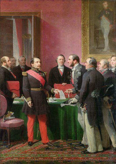 ナポレオン3世（1808-73）は、1859年6月にパリ郊外の自治体をバロンジョルジュオスマン（1809-91）に併合することを認める布告を提出 作： Adolphe Yvon
