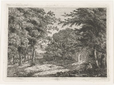 木々の間の礼拝堂と読書僧のいる風景 作： Adriaan Jacob Willem van Dielen
