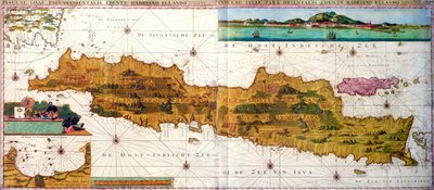 Insulae lavae、Java の大きな折り畳み地図で、どちらもバタビア (ジャカルタ) オランダの景色を描いた 2 つの挿入図、アムステルダム、Gerard van Keulen 発行、1715 年頃 (色付きの彫刻) 作： Adriaan Reland