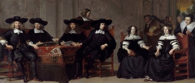 アムステルダム パー バッカー、アドリアエン (ca 1635-1684) の老人と女性の家の摂政。 キャンバスに油彩、サイズ：197x457 作： Adriaen Backer