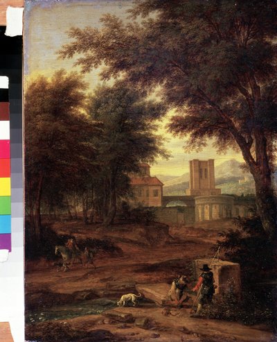 巡礼者のいるイタリアの風景 Adriaen Frans Boudewijns (1644-1711) の絵画 プーシキン美術館、モスクワ 作： Adriaen Boudewyns