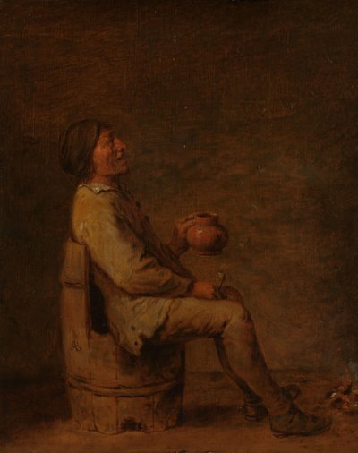 インテリアにパイプと水差しを持って座っている男性 作： Adriaen Brouwer (possibly copy after)