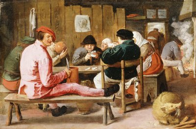 居酒屋のテーブルでの喫煙と飲酒の貧しい人々、c.1625 作： Adriaen Brouwer
