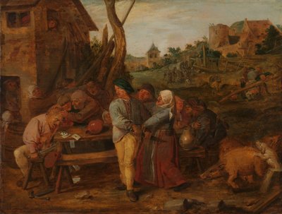 田舎の居酒屋の外でカードファイト 作： Adriaen Brouwer