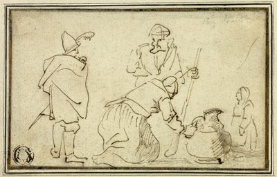 二人の兵士、水差しを持つ女と子供 作： Adriaen Brouwer