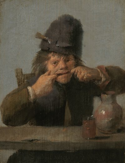 顔を作る若者、c。 16321635。 作： Adriaen Brouwer