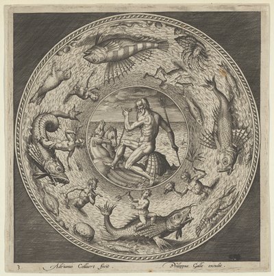 ...、c1600 に縁取られたメダリオンに馬が描いた貝殻にネプチューンを描いたプレートのデザイン。 作： Adriaen Collaert