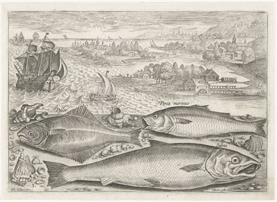 ビーチで 3 匹の魚 釣り（連載タイトル） Piscium v​​ivae アイコン (シリーズ タイトル) 作： Adriaen Collaert