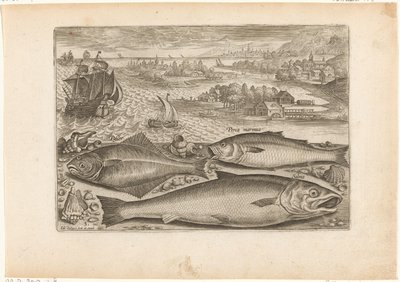 ビーチで 3 匹の魚 釣り（連載タイトル） Piscium v​​ivae アイコン (シリーズ タイトル) 作： Adriaen Collaert
