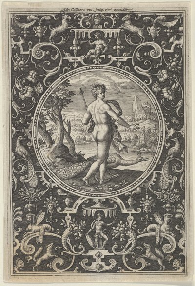 パリスの審判からのグロテスクな装飾フレームのジュノ、約。 1580-...、c1580-1600。 作： Adriaen Collaert