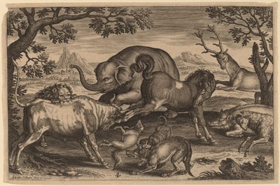 ライオン、ブル、キツネ、オオカミ、イヌ、ボーア、ヤギ、ウマ、ゾウ、シカ 作： Adriaen Collaert