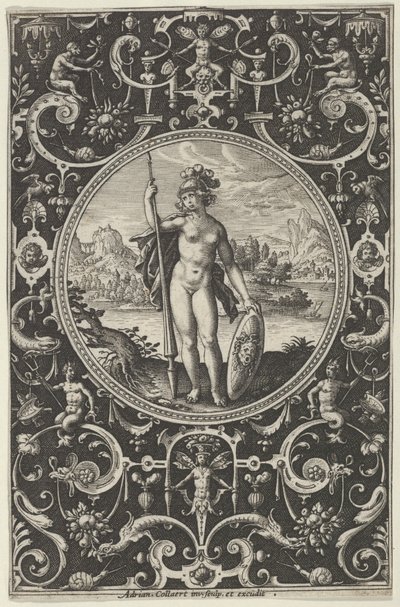 パリの審判、c1580-1600からのグロテスクな装飾フレームのミネルバ。 作： Adriaen Collaert