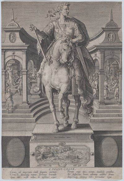 プレート 1: ジュリアス シーザーの騎馬像を正面から見たもの。 1587-89。 作： Adriaen Collaert