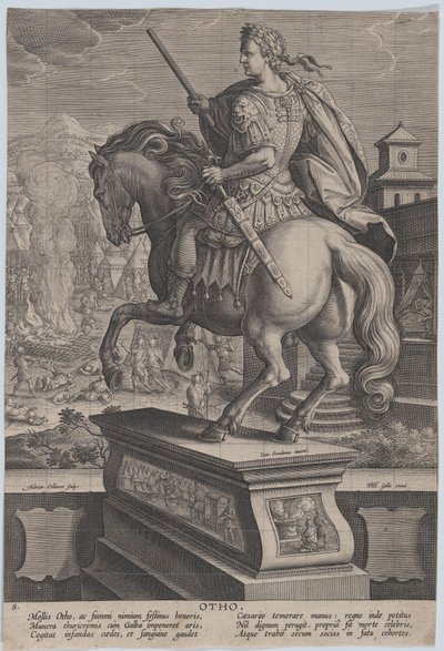 プレート 8: 後ろから見たオトの騎馬像、彼の死のシーンを背景に.. 1587-89。 作： Adriaen Collaert