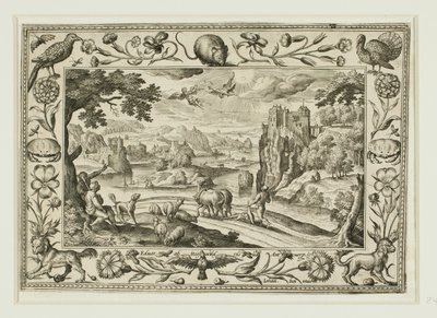 旧約聖書と新約聖書の風景画と狩猟風景から「イカロスの落下 作： Adriaen Collaert