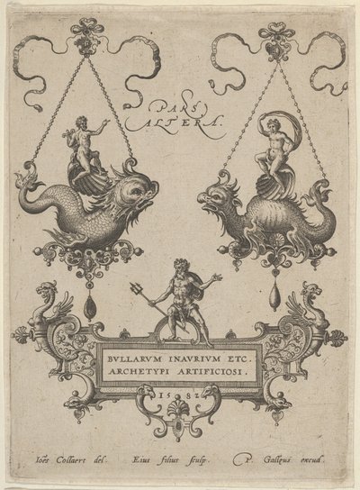 上の 2 つのペンダント デザインと下のカルトゥーシュに立つネプチューンのタイトル プレート、1582 年。 作： Adriaen Collaert