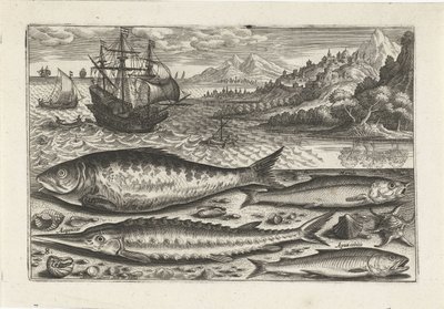 ビーチで 4 匹の魚 釣り（連載タイトル） Piscium v​​ivae アイコン (シリーズ タイトル) 作： Adriaen Collaert