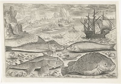 ビーチで 4 匹の魚 釣り（連載タイトル） Piscium v​​ivae アイコン (シリーズ タイトル) 作： Adriaen Collaert