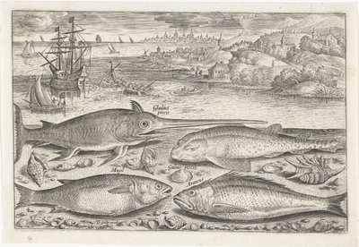 ビーチで 4 匹の魚 釣り（連載タイトル） Piscium v​​ivae アイコン (シリーズ タイトル) 作： Adriaen Collaert