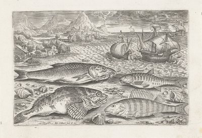 ビーチで 4 匹の魚 釣り（連載タイトル） Piscium v​​ivae アイコン (シリーズ タイトル) 作： Adriaen Collaert