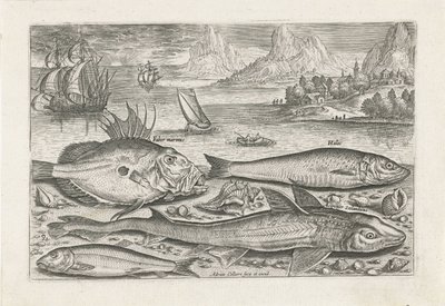 ビーチで 4 匹の魚 釣り（連載タイトル） Piscium v​​ivae アイコン (シリーズ タイトル) 作： Adriaen Collaert