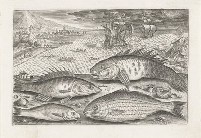 ビーチで 4 匹の魚 釣り（連載タイトル） Piscium v​​ivae アイコン (シリーズ タイトル) 作： Adriaen Collaert
