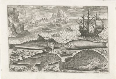 ビーチで 4 匹の魚 釣り（連載タイトル） Piscium v​​ivae アイコン (シリーズ タイトル) 作： Adriaen Collaert