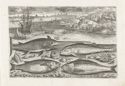 ビーチで 4 匹の魚 釣り（連載タイトル） Piscium v​​ivae アイコン (シリーズ タイトル) 作： Adriaen Collaert