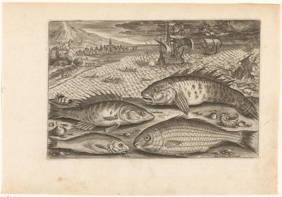 ビーチで 4 匹の魚 釣り（連載タイトル） Piscium v​​ivae アイコン (シリーズ タイトル) 作： Adriaen Collaert