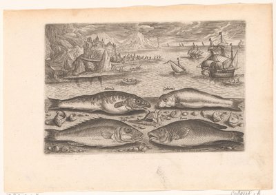 ビーチで 4 匹の魚 釣り（連載タイトル） Piscium v​​ivae アイコン (シリーズ タイトル) 作： Adriaen Collaert