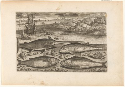 ビーチで 4 匹の魚 釣り（連載タイトル） Piscium v​​ivae アイコン (シリーズ タイトル) 作： Adriaen Collaert