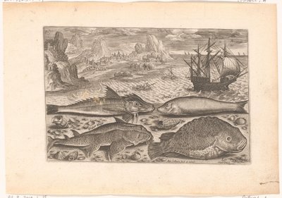 ビーチで 4 匹の魚 釣り（連載タイトル） Piscium v​​ivae アイコン (シリーズ タイトル) 作： Adriaen Collaert