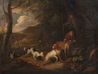 森の端で猟犬を持つハンター 作： Adriaen Cornelisz Beeldemaker
