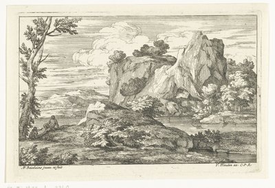 川の近くに大きな岩がある風景 作： Adriaen Frans Boudewyns