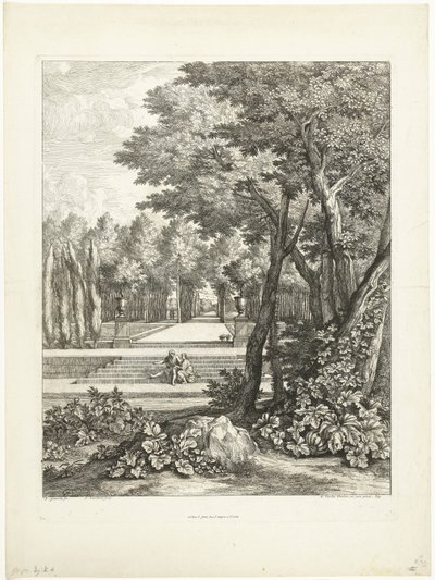 庭の階段に座っているカップルのいる風景 作： Adriaen Frans Boudewyns