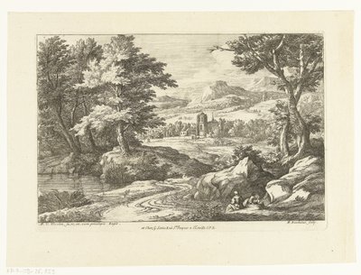 道路沿いに 2 人の人物がいる風景、遠くに教会 作： Adriaen Frans Boudewyns