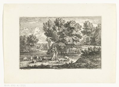 水辺の 2 人の羊飼いのいる風景 作： Adriaen Frans Boudewyns