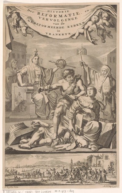フランスの改革派教会が惨劇の男に襲われる タイトル ページ: E. ベノイスト、Historie der Reformeerde Kerken van Vrankrijk、1696 年 作： Adriaen Haelwegh