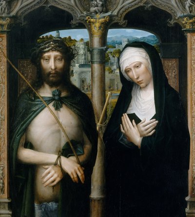いばらの冠をかぶったキリスト Ecce Homo と喪に服す聖母 1530-40。 作： Adriaen Isenbrandt